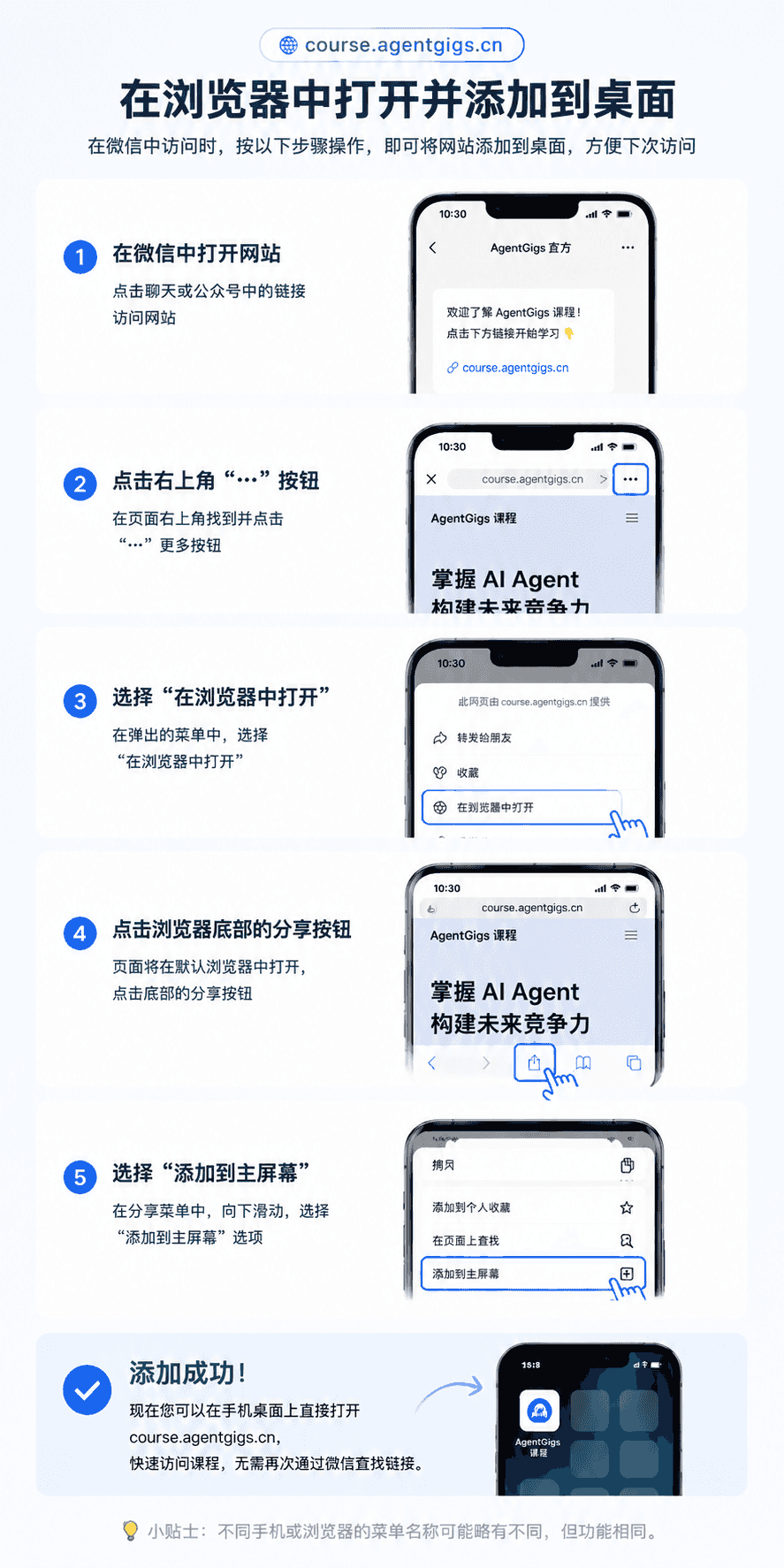 添加AI情报站到桌面教程图 - 打开Safari浏览器，搜索course.agentgigs.cn，进入网站后点击底部分享按钮，选择添加到主屏幕，即可快速访问AI情报站获取最新AI职场洞察